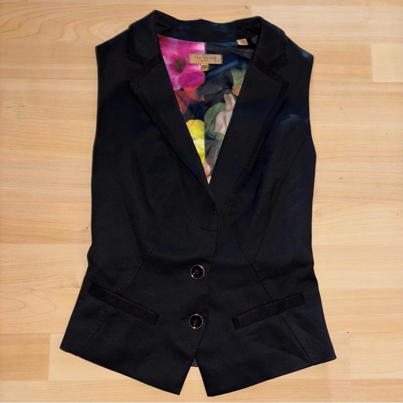 Ted Baker London Button Down Wool Vest Women Size 0 Satin Floral Back Tux Collar - Picture 1 of 9
